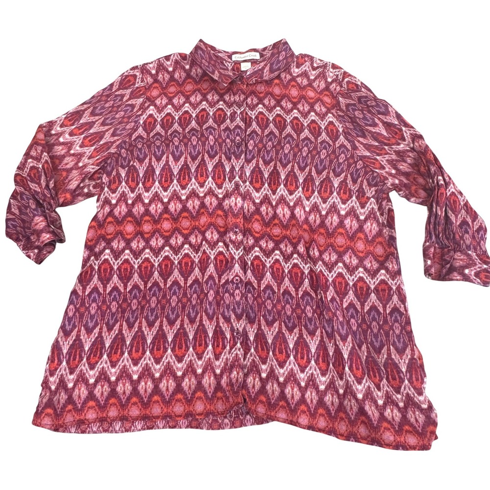 Coldwater Creek Linen Button Up Blouse XL Ikat Geometric‎ Print Purple Red XL